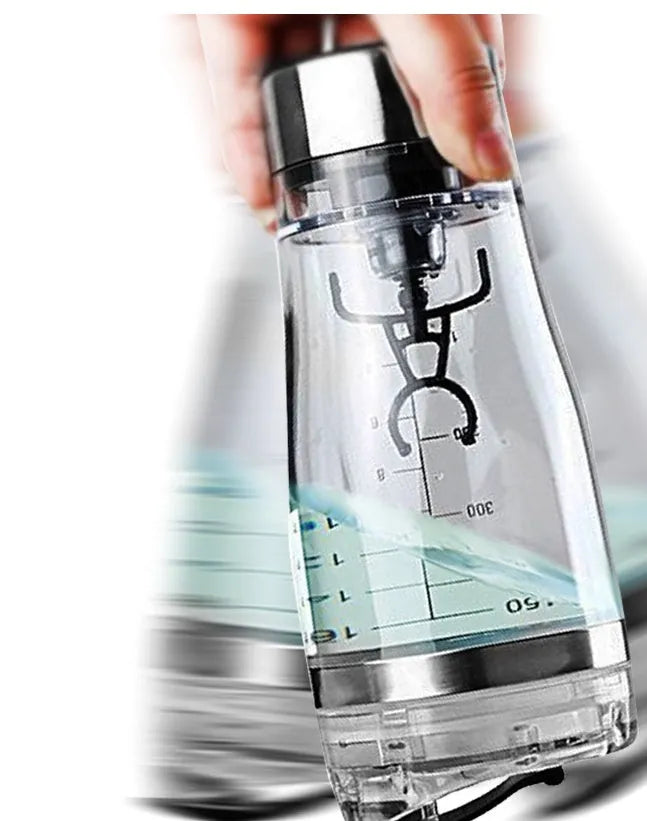 Electric protein shake stirrer with USB rechargeable base, 450ml clear cup, and 304 stainless steel bottleneck ring