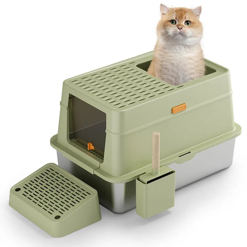 Large grey enclosed stainless steel cat litter box with pedal entry system