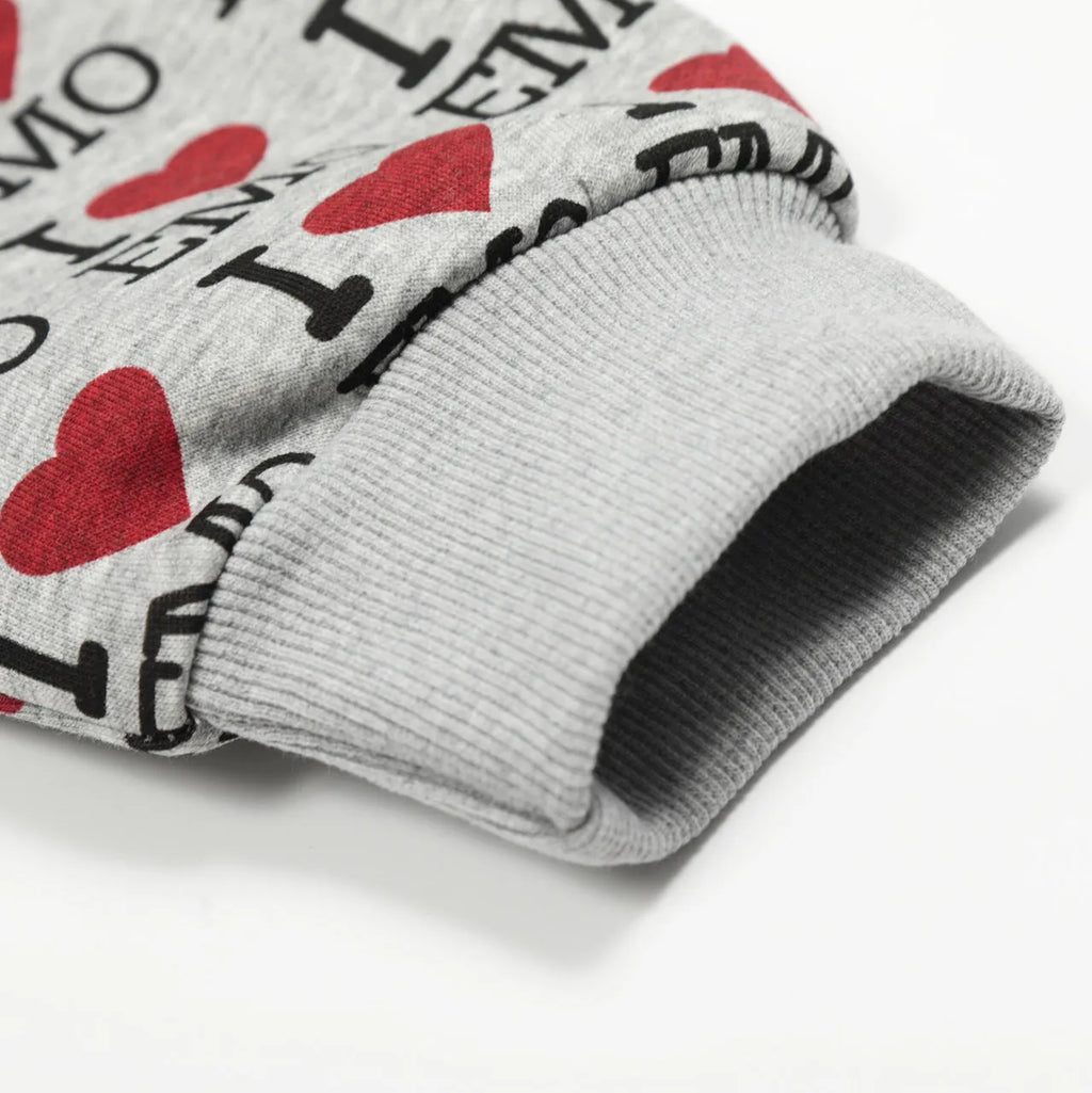Women's mixed grey cotton hooded cardigan with a retro autumn pattern and long sleeves.