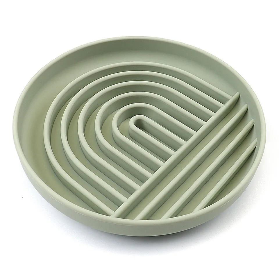 Silicone slow feeder dog bowl with ridges, shown in beige colour, measuring 19 cm.