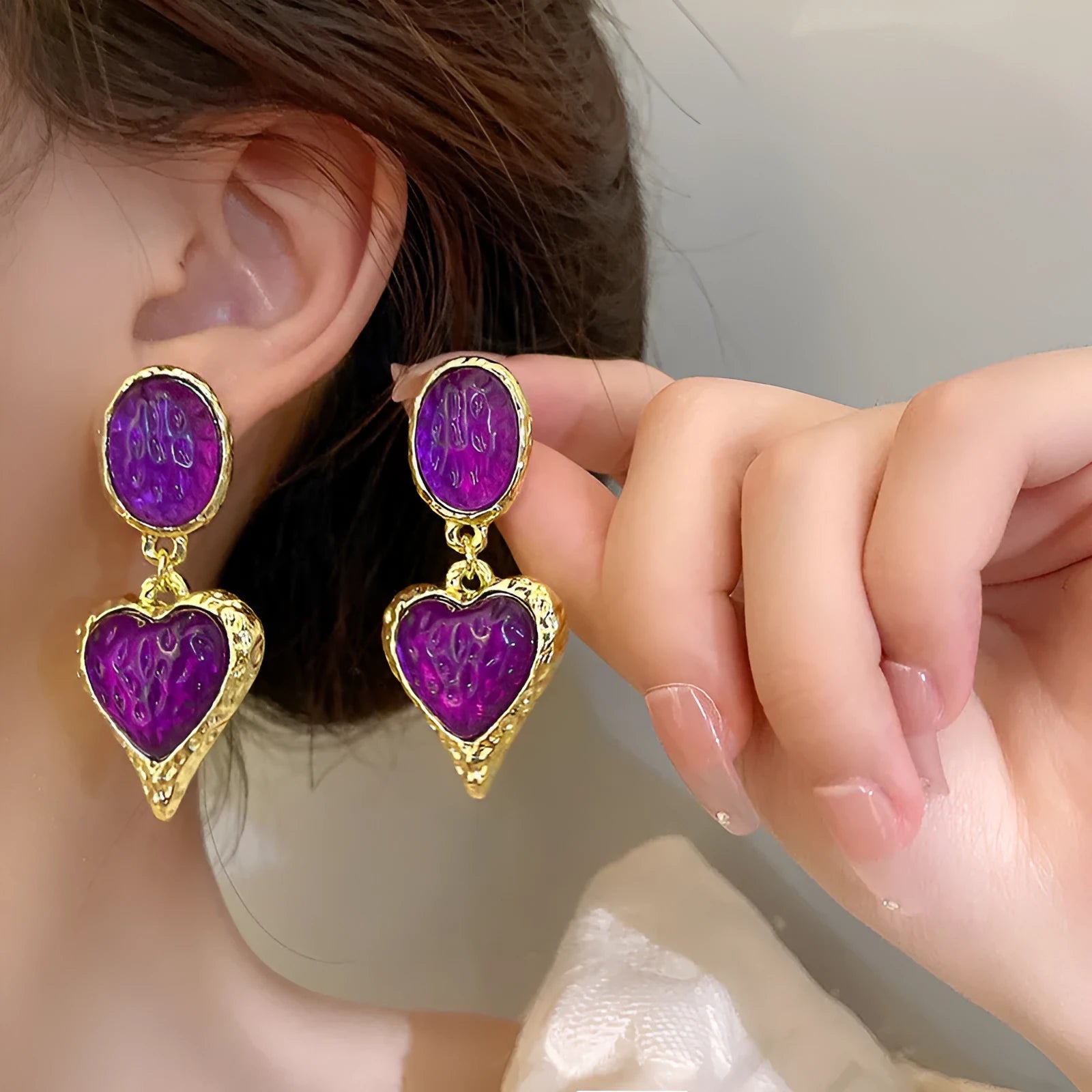 Pleated oval love heart stud earrings in purple, red, green, and yellow white colours with butterfly backs