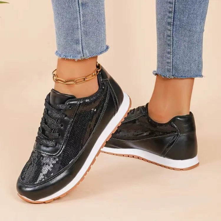 Women's black thick-soled casual sneakers with square toe design and PU leather upper