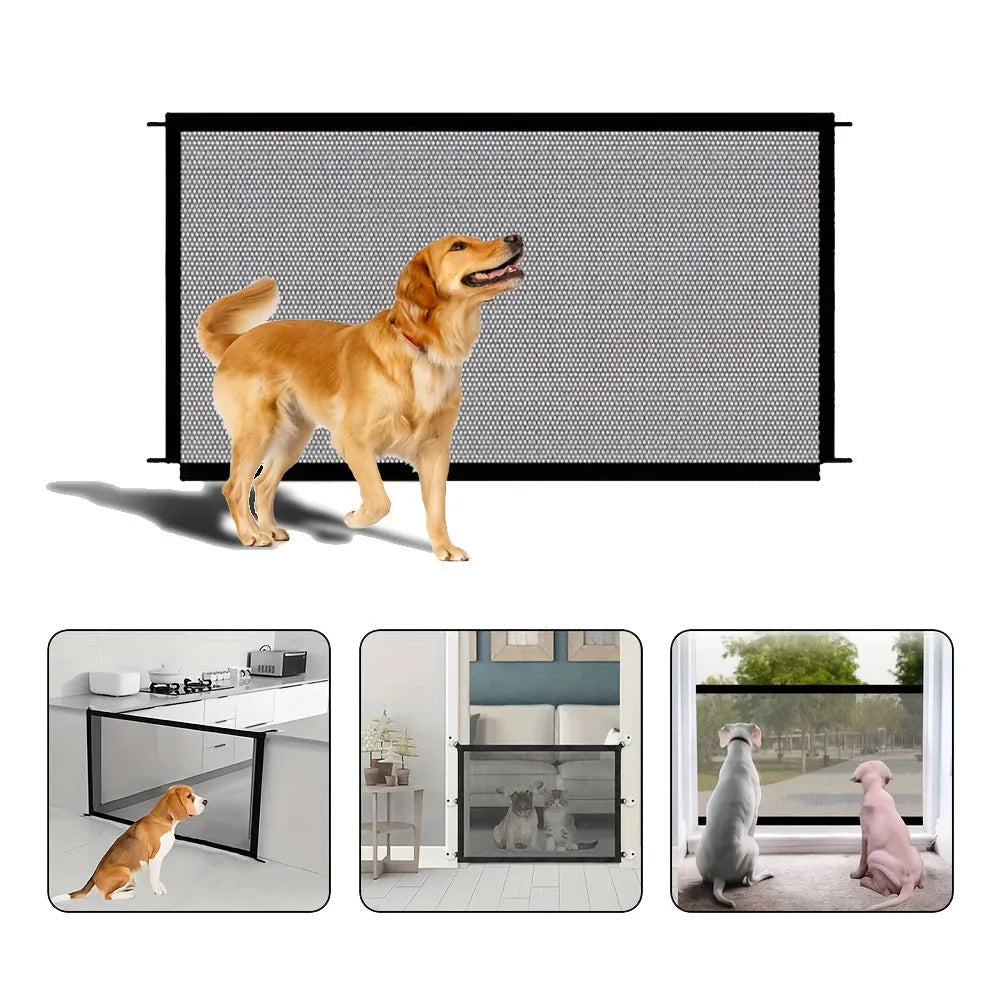 Foldable pet dog fence made of fibreglass mesh for indoor use, no drilling required, with hooks for doorway installation