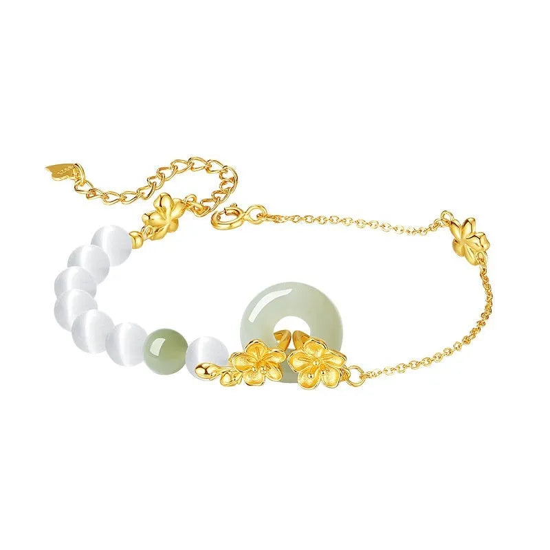 Women's pure silver safety buckle bracelet with peach blossom flower design in New Chinese style