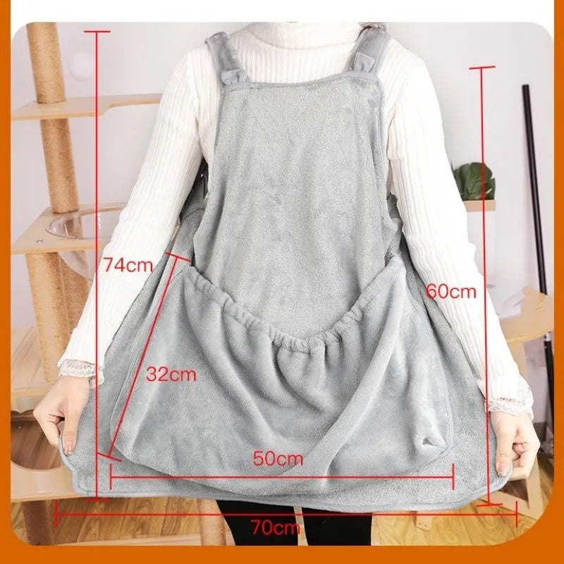 Plush pet carrier apron with adjustable neck strap and sleeping pocket for small cats and dogs