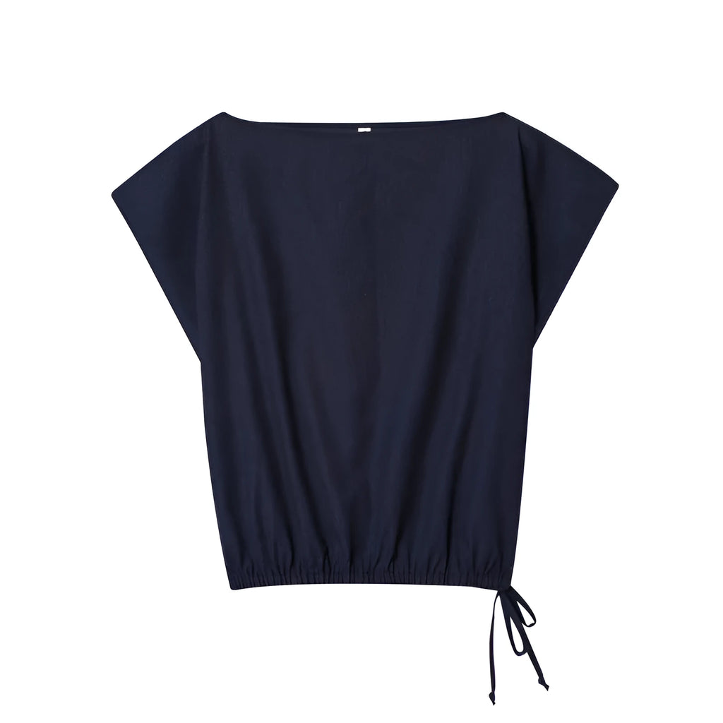 Women's linen shirt top with flounced sleeves and wide-leg trousers set in polyester blend fabric
