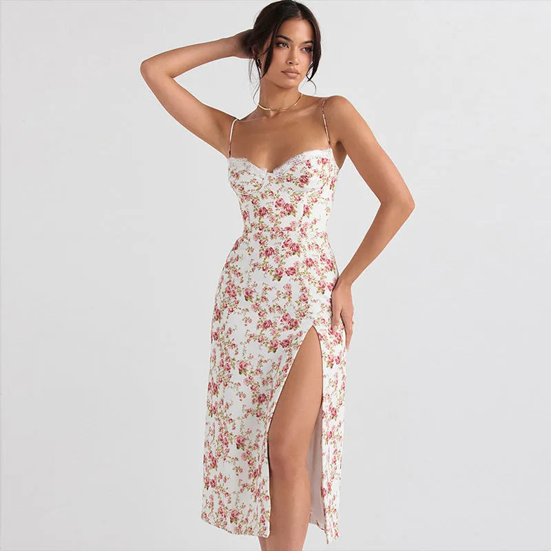 Women's long dress with lace flowers print pattern, side slit, and suspender straps in polyester fabric