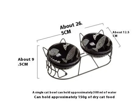 Ceramic double cat bowl set with fixed tilted stand, 26.5 x 12.5cm, 300ml bowls in white with gold cat ear stand