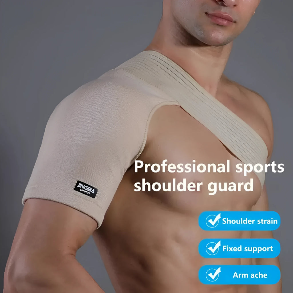 Adjustable free-size sports shoulder protective strap in skin colour for weightlifting and outdoor activities.