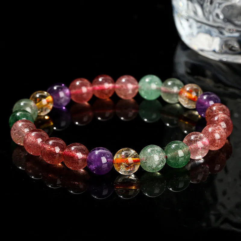 Natural tourmaline colour strawberry quartz bracelet with round geometry beads.