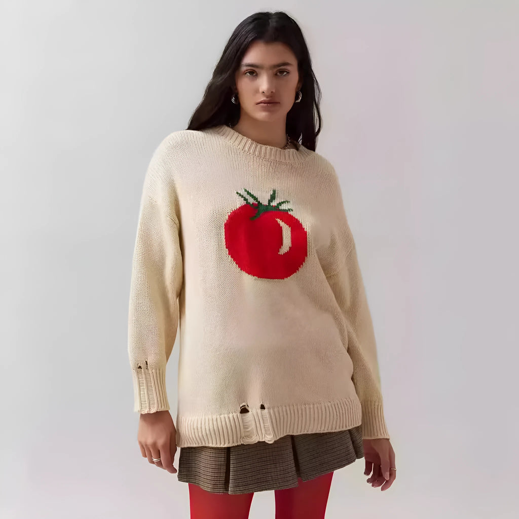 Women's milky white round neck acrylic sweater with jacquard texture, loose fit, long sleeves