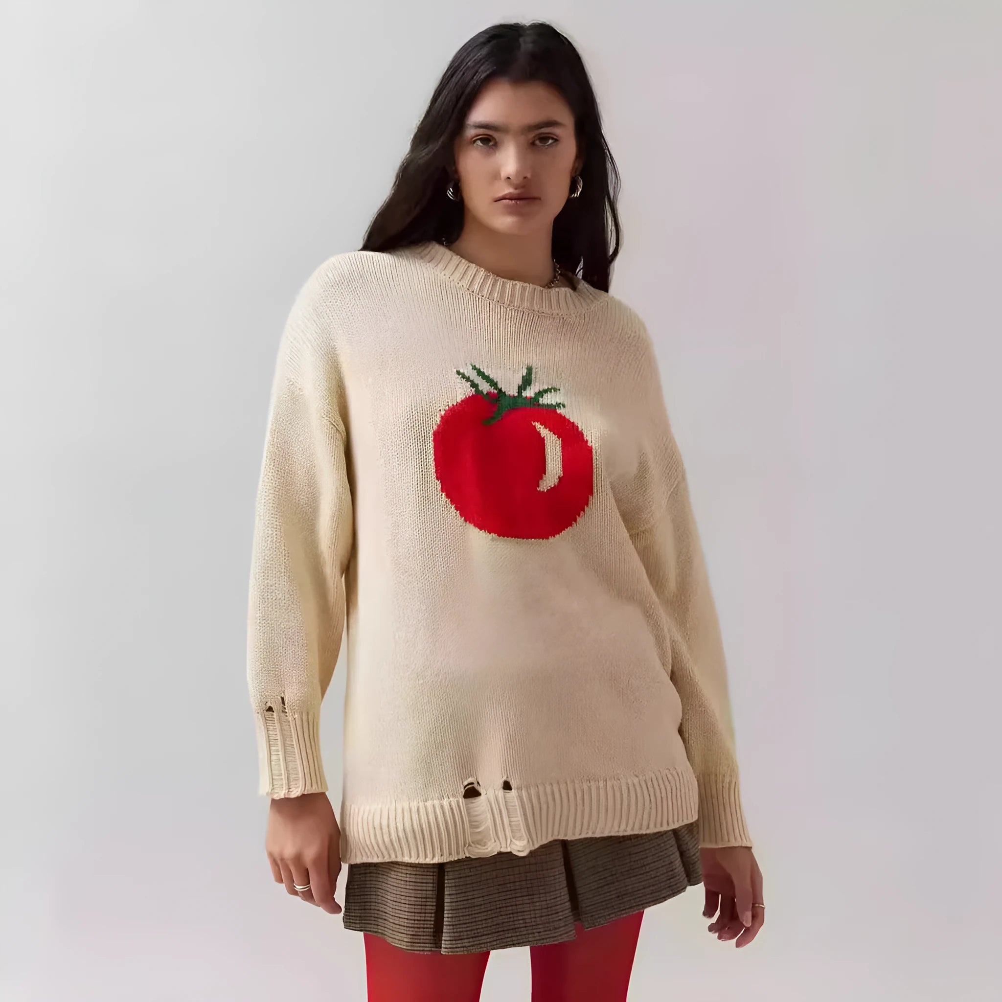Women's milky white round neck acrylic sweater with jacquard texture, loose fit, long sleeves