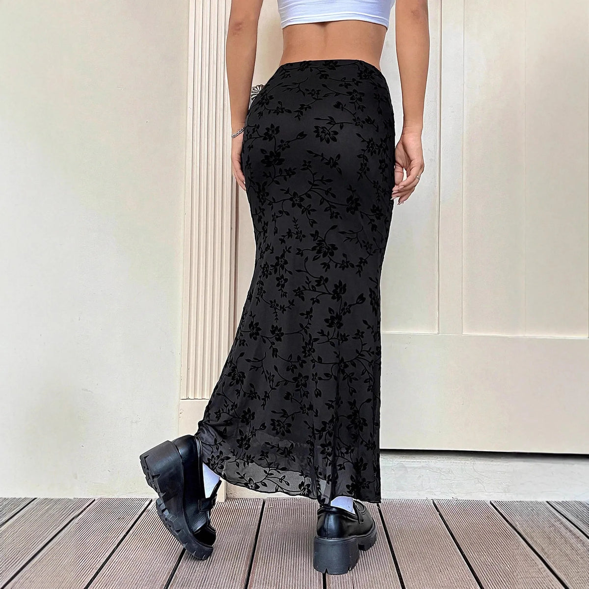 Dark green floral half-length fishtail skirt for women with polyester fabric and elastic waist