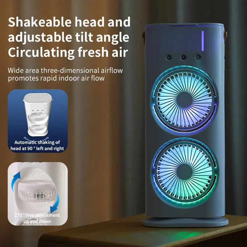 White portable USB humidifier fan with remote control on a desk