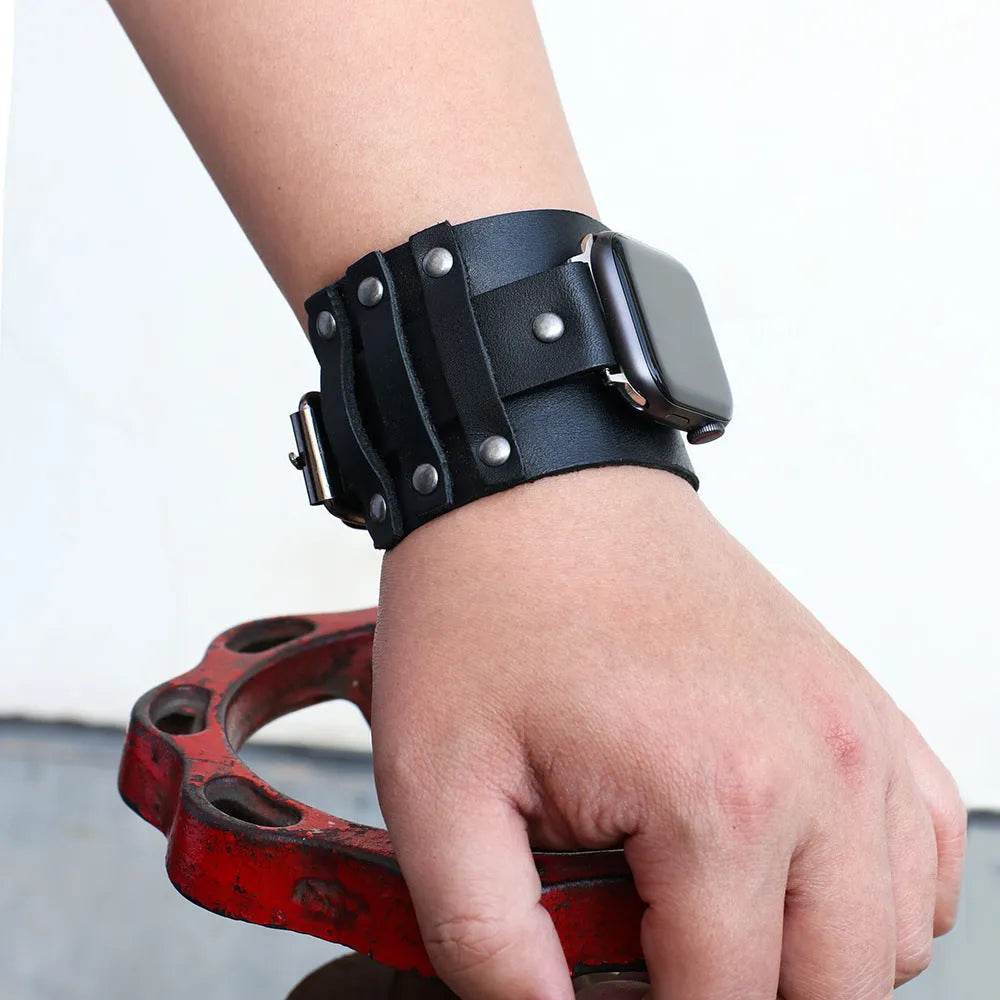 Punk style genuine cowhide leather watch strap in black, fitting 38/40mm watch lugs