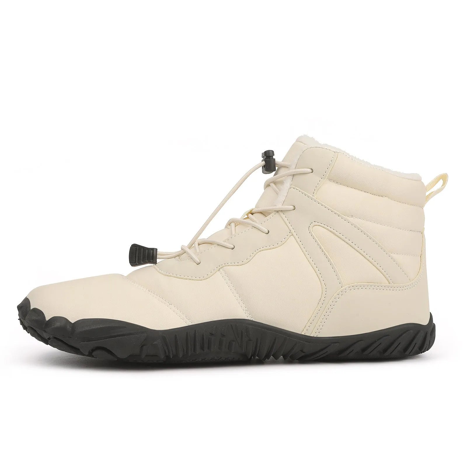 Five-finger waterproof hiking snow boots with fleece lining and rubber outsole in beige, grey, black, or wine red.