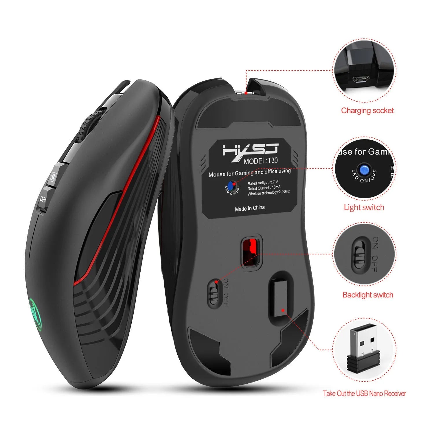 Black wireless gaming mouse with RGB lighting showing adjustable DPI buttons and ergonomic design