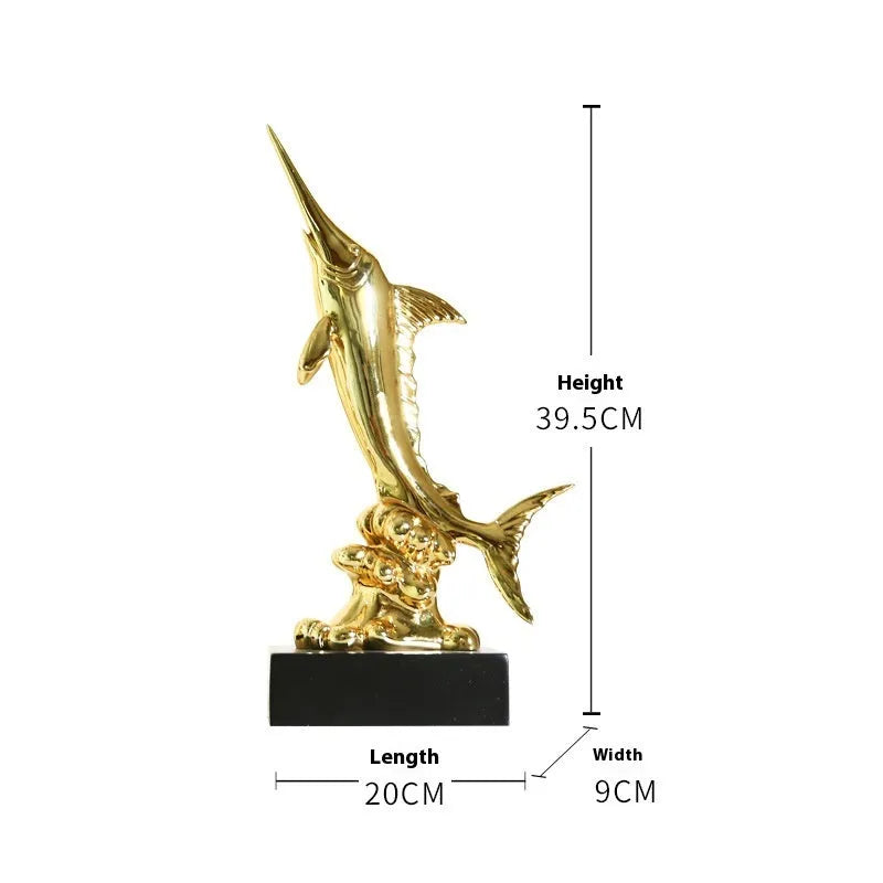European swordfish resin and plastic decorative ornament in choice of colours on a shelf.