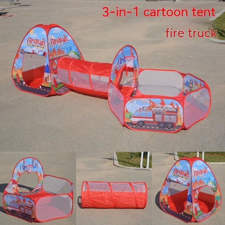 Cartoon themed three-in-one children's play tent with ball pool and tunnel