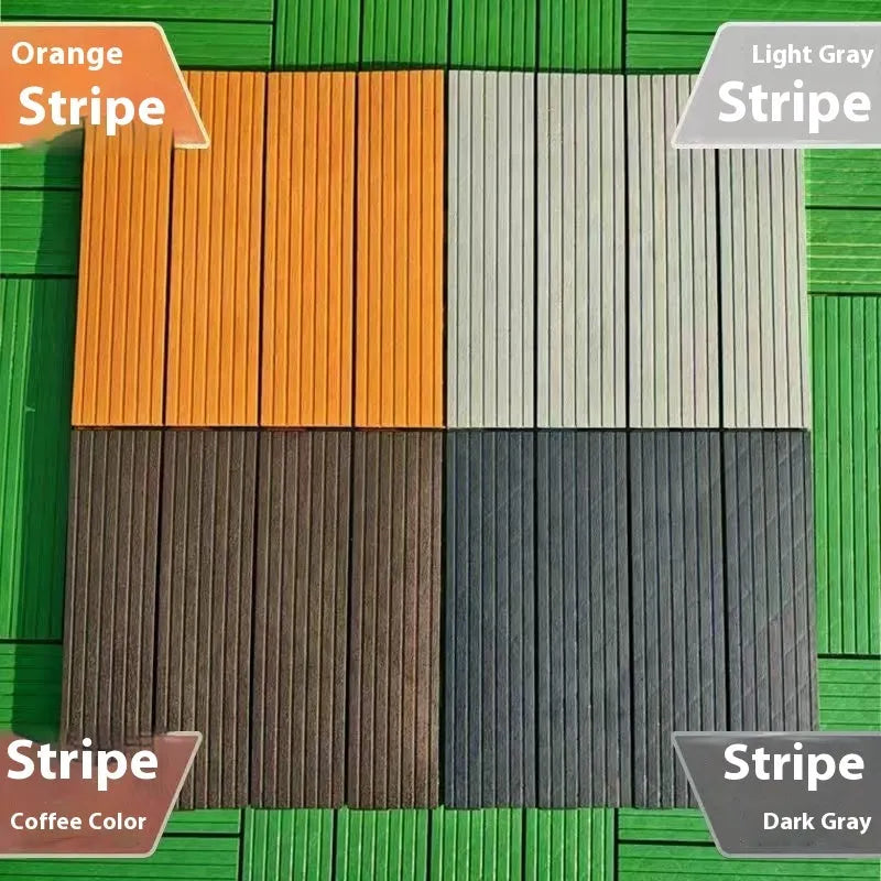 Ten wood grain plastic floor tiles stacked, showing dark grey and light grey colour options with non-slip texture.