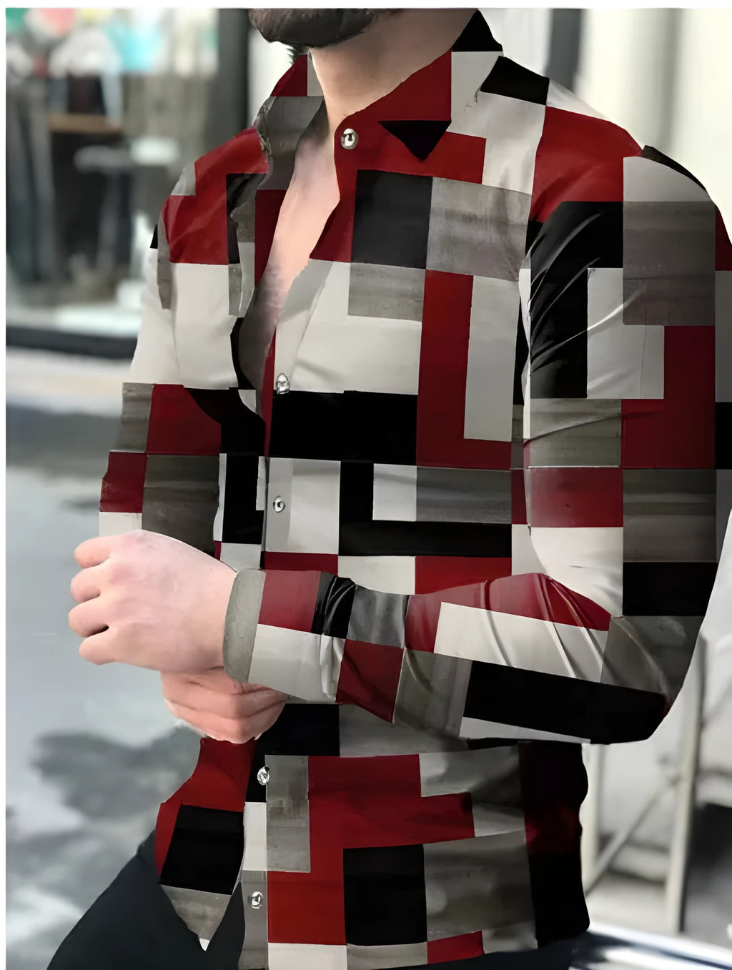 Men's printed polyester shirt cardigan in grey red, long sleeves, street tide style, available in sizes S to 4XL
