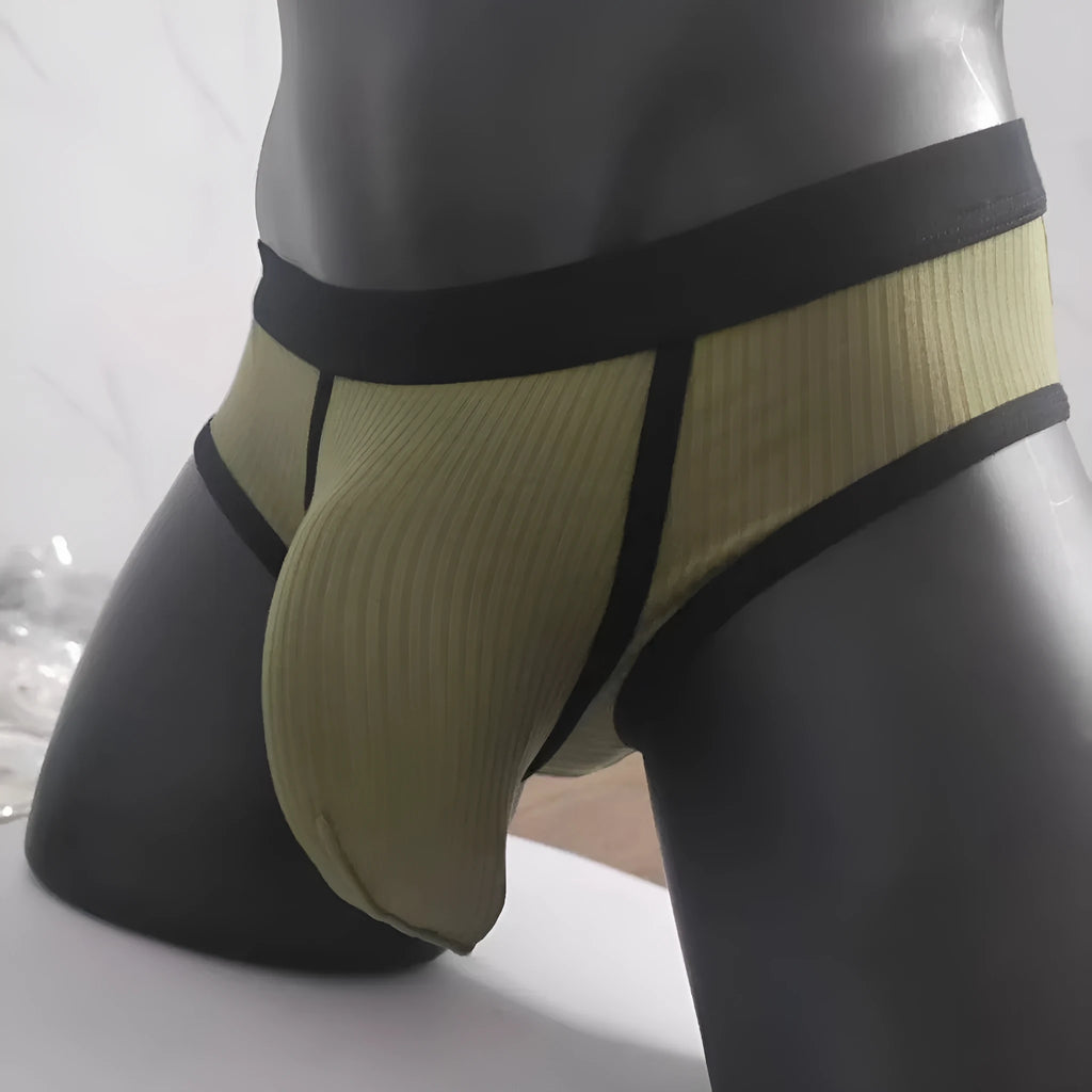 Men's black U-shaped underwear with triangle pouch design showing knitted viscose fabric texture