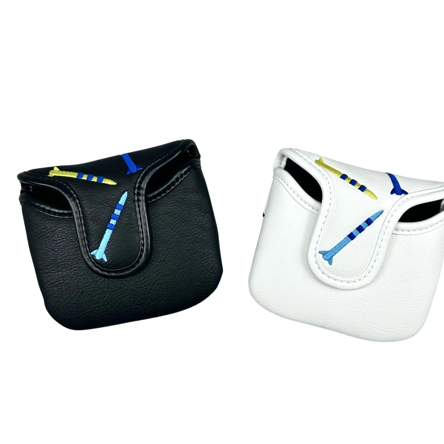 Rocket pattern square golf putter protective sleeve in black and white PU leather options