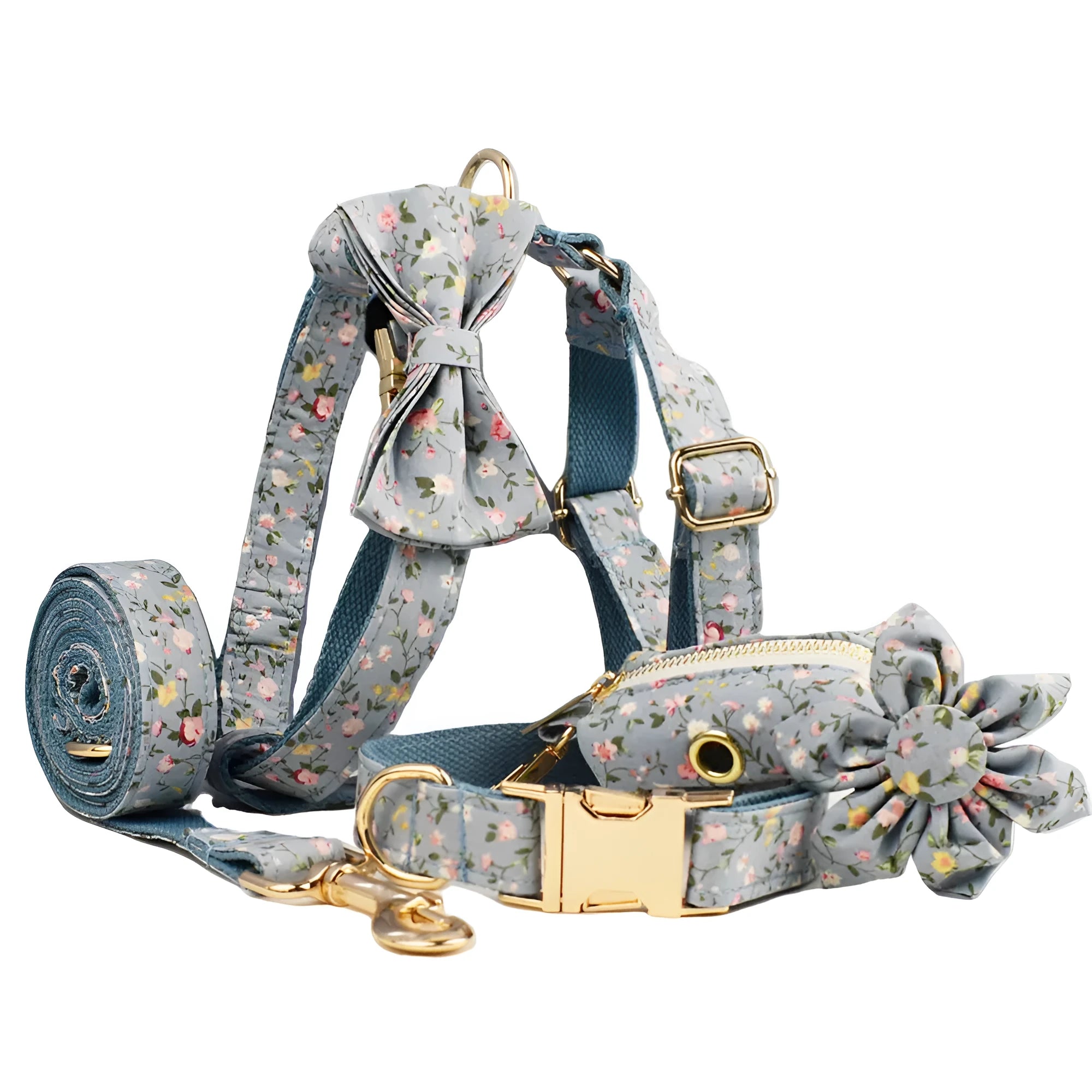 Blue floral patterned dog collar set with matching leash, bow, vest, and poop bag accessories
