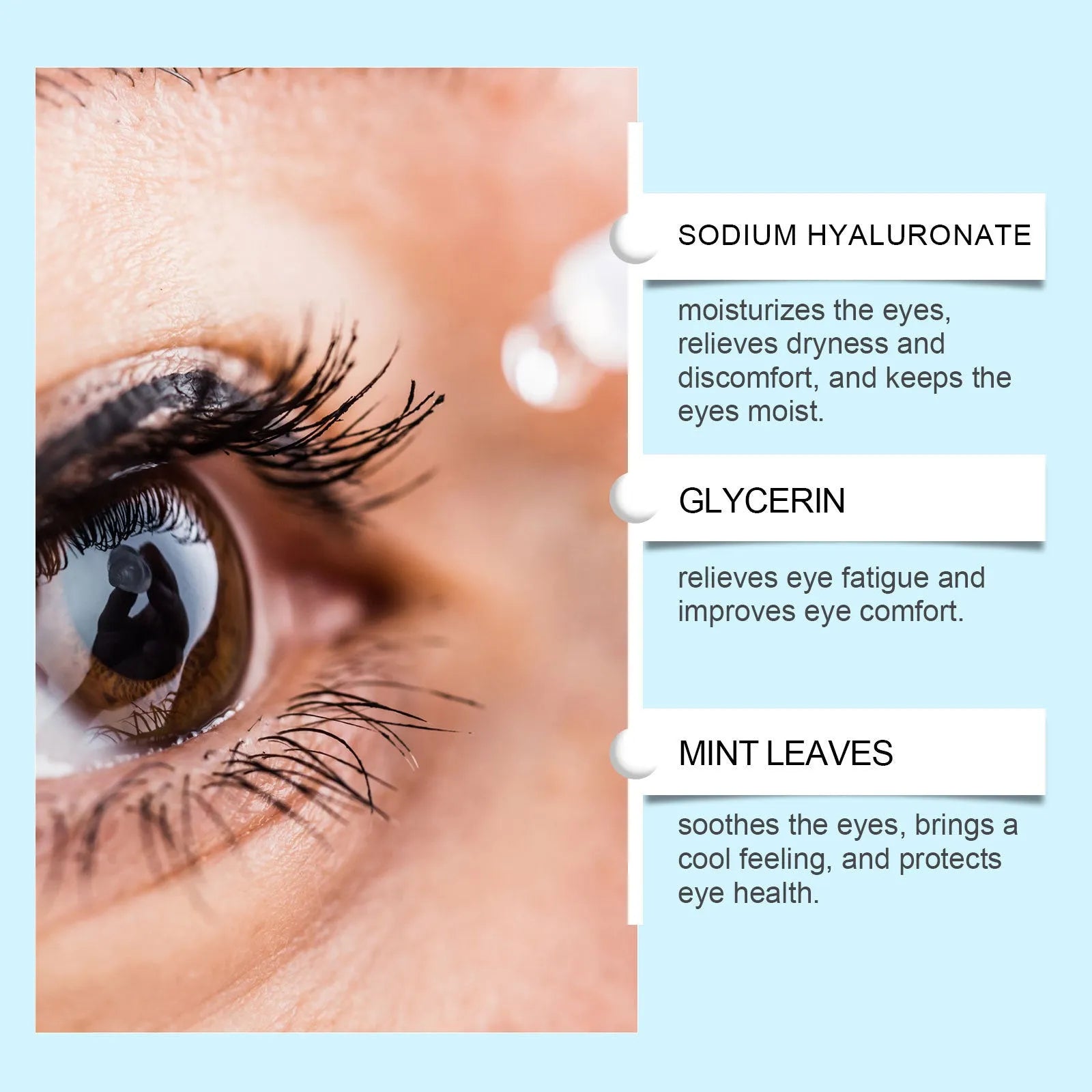Bottle of bright and gentle moisturising eye drops with mint leaf and sodium hyaluronate.
