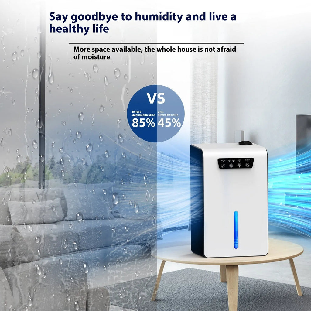Milky white small bedroom dehumidifier with absorption technology and water reservoir.