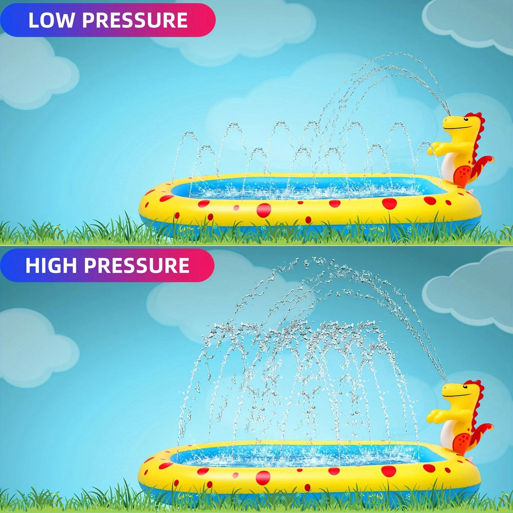 Blue inflatable dinosaur water spray pool with four water spray zones for children's outdoor play