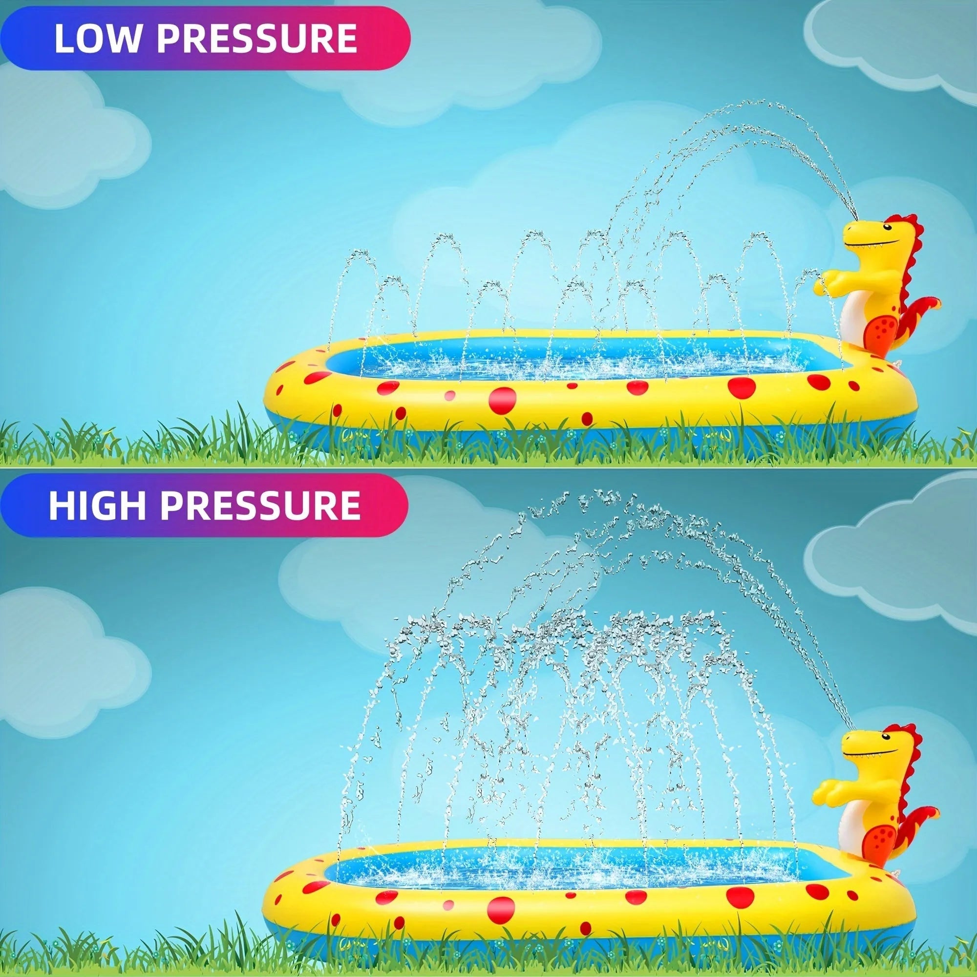 Blue inflatable dinosaur water spray pool with four water spray zones for children's outdoor play