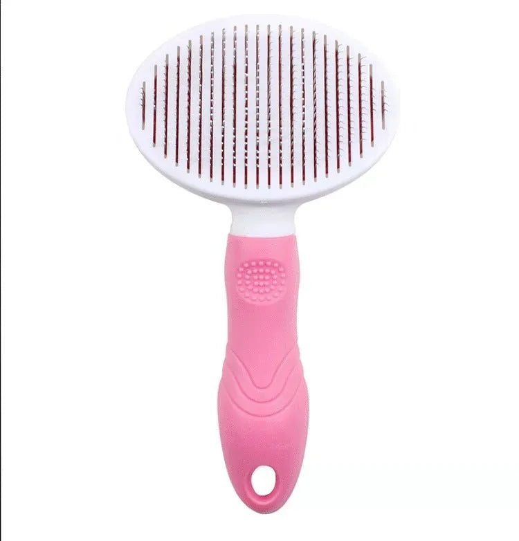 Blue automatic hair removal pet comb with TPR non-slip grip and button shaved design on white background