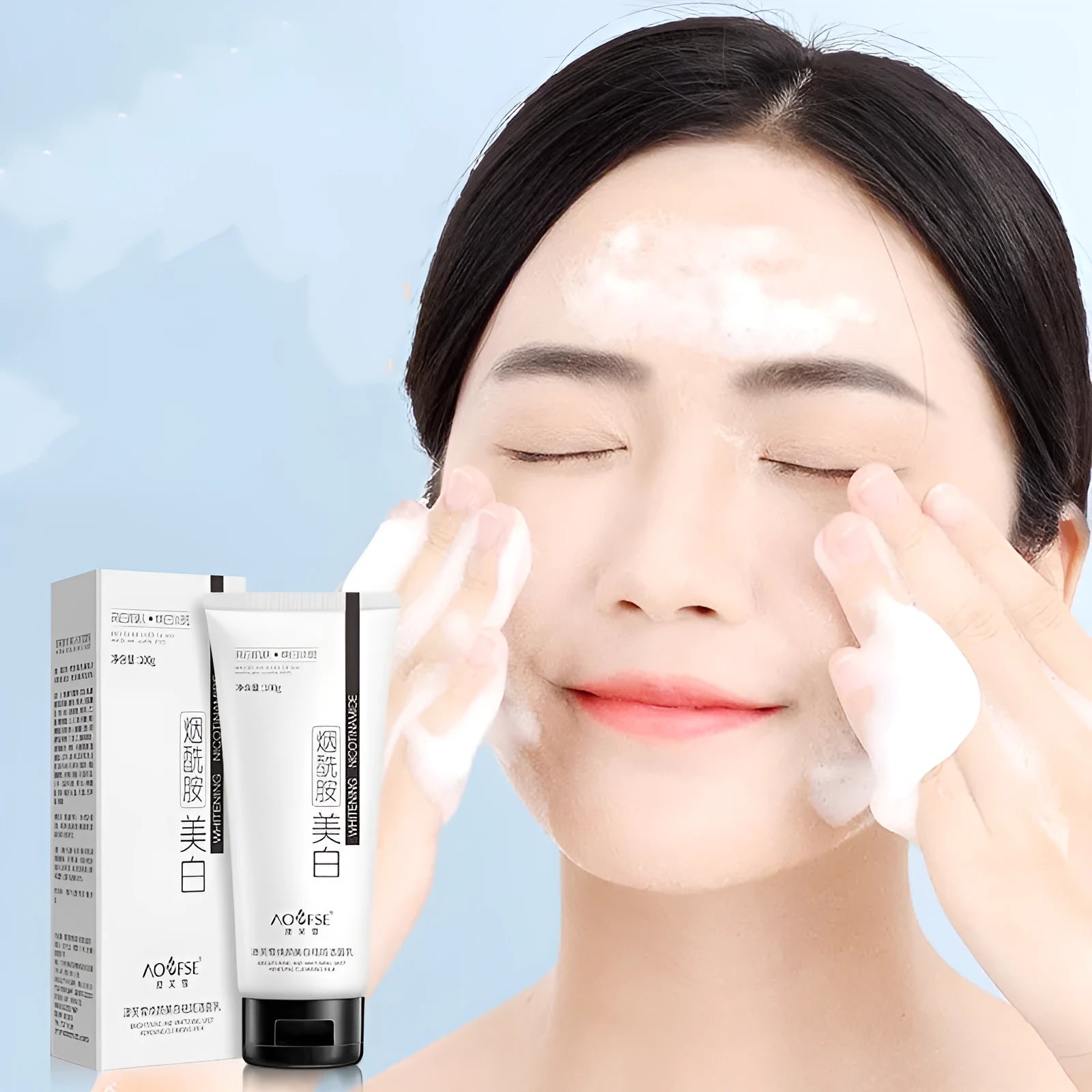 White tube of 100ml whitening and freckle-removing facial cleanser for deep pore cleansing.
