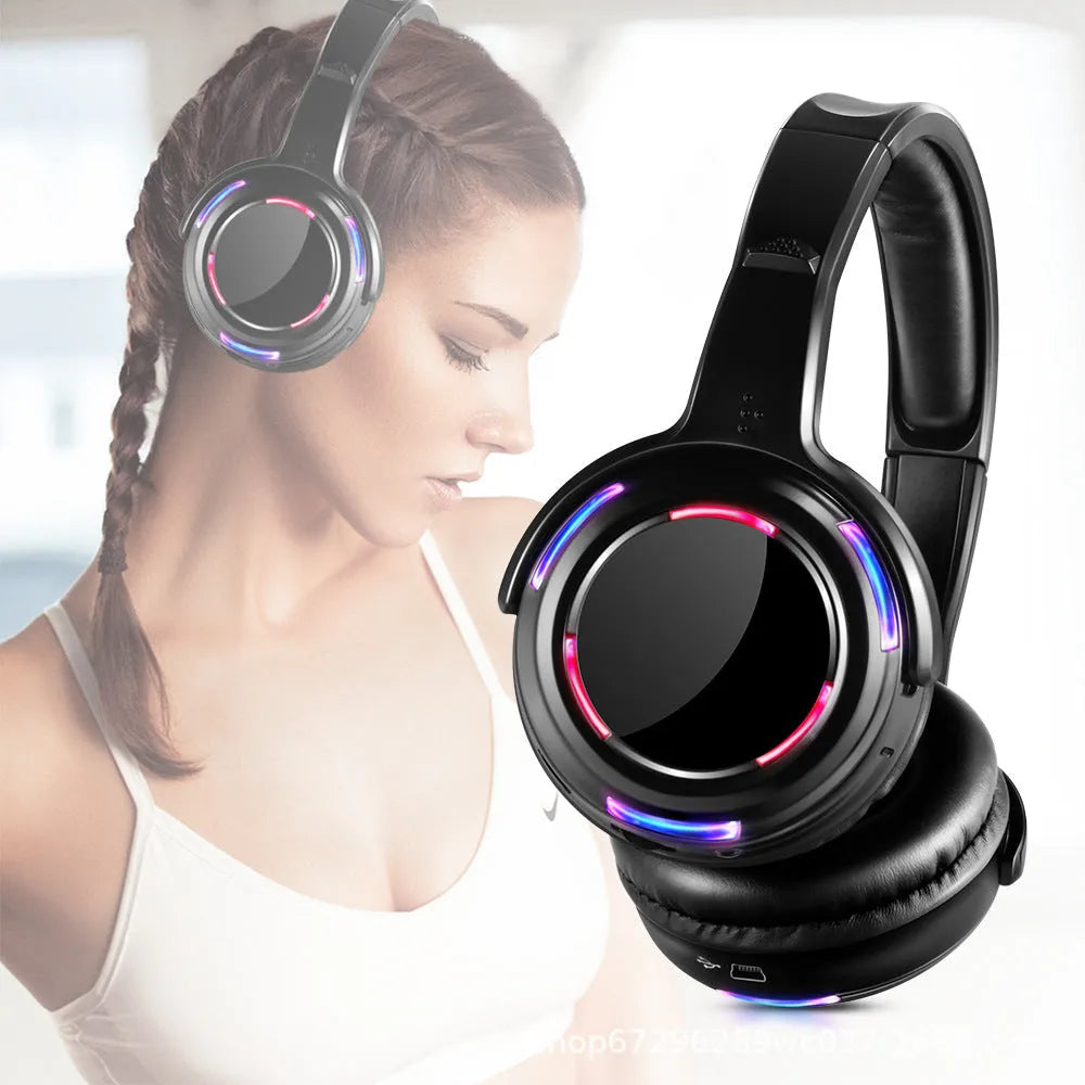 Black silent disco wireless headphones showing head-mounted design and 3.5mm plug.