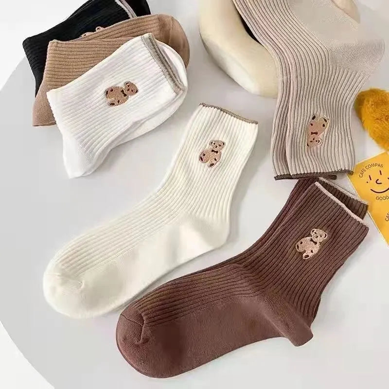 Women's mid-calf retro bear jacquard stack socks in white beige or brown, Japanese school style