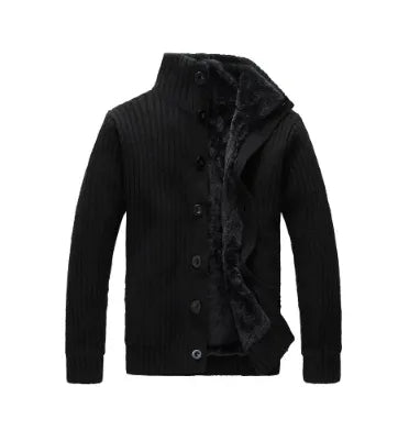 Men's cotton vinylon blend cardigan sweater with standing collar, black colour, thick long sleeves