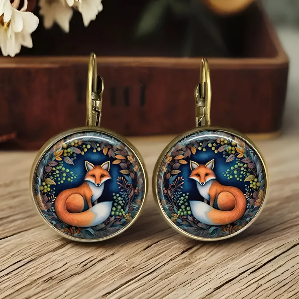 Handmade retro cartoon animal earrings in fox, cat, and chicken designs with alloy and gem glass construction