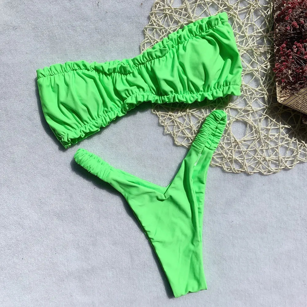 Women's solid colour bikini with split chest pad, high waist briefs, in leopard print, fluorescent green, or rose red.