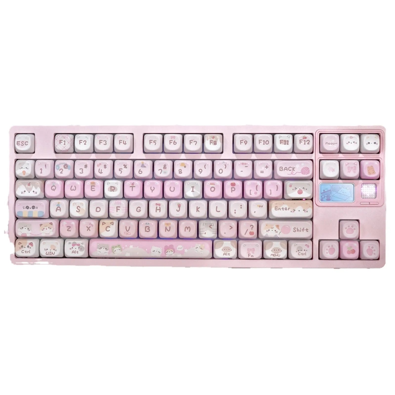 MOA pink plastic keyboard key caps with cartoon graphics on five sides for mechanical keyboards
