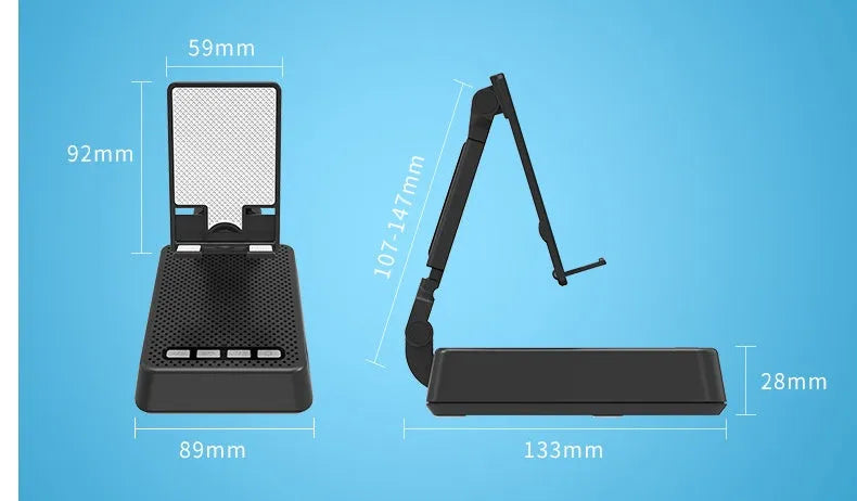 Black mobile phone smart broadcaster stand with Bluetooth speaker and HD mic on a desk