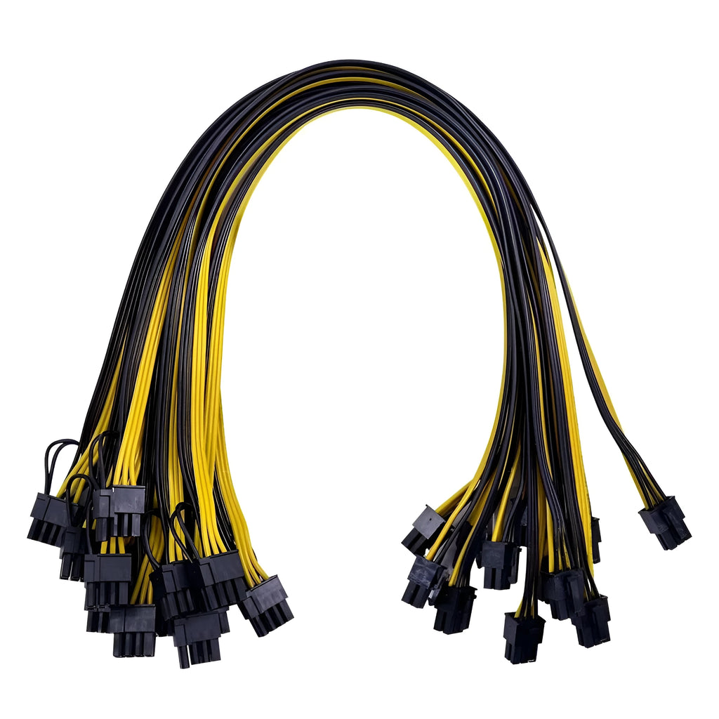 Yellow 70cm 6pin to dual 8pin graphics card power cable with plastic insulation on white background