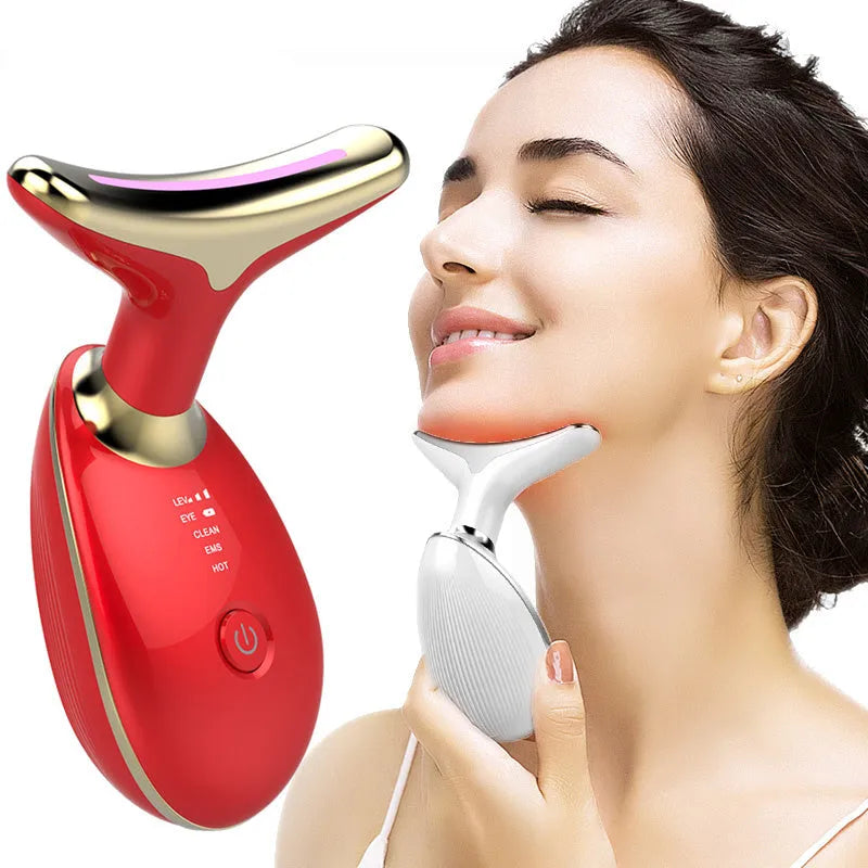 Black and silver EMS thermal neck lifting massager with LED lights for wrinkle reduction and skin tightening.