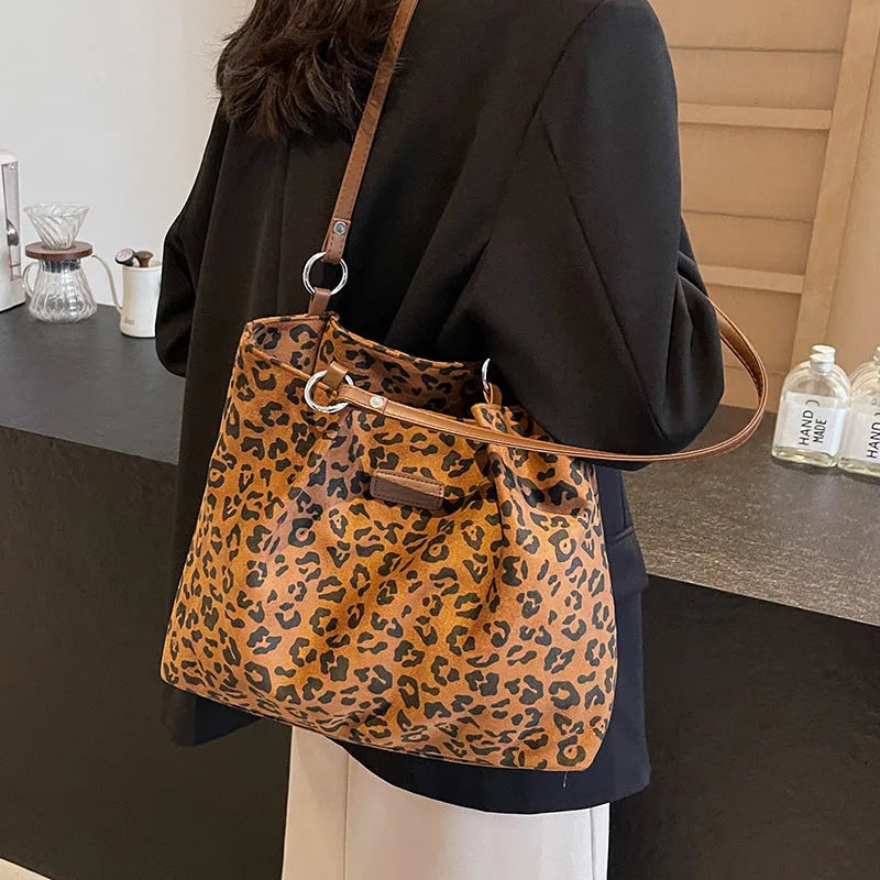 Leopard print suede shoulder bag with double straps, horizontal square shape, coffee and brown colour options