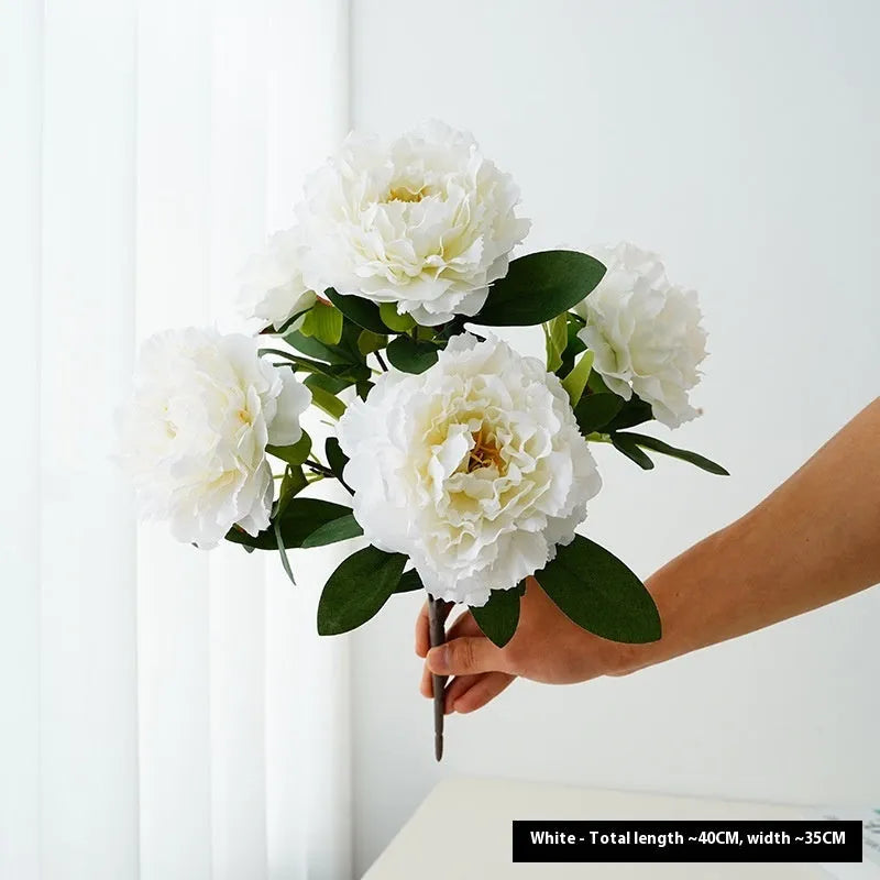 40cm artificial silk peony 5-head bouquet in light champagne colour on white background