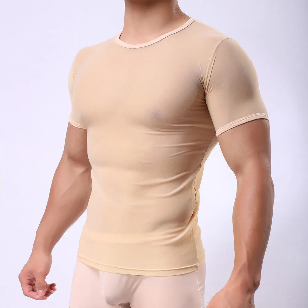 Man wearing a slim fit, transparent mesh short-sleeved T-shirt in a solid colour.