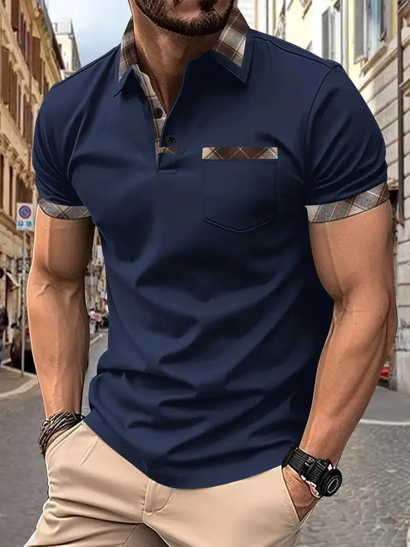 Men's plaid colourblock t-shirt with zipper decorations on polyester fabric in multiple colours