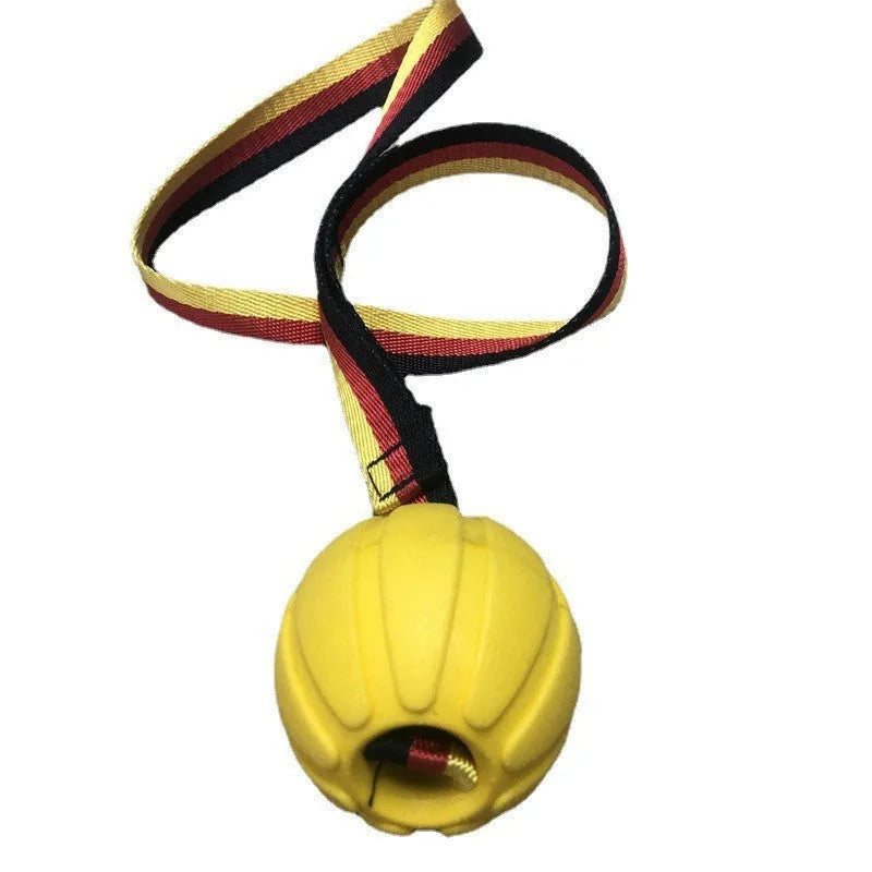 Floating EVA pet training ball in yellow and camouflage colours showing three diameter sizes for water fetch