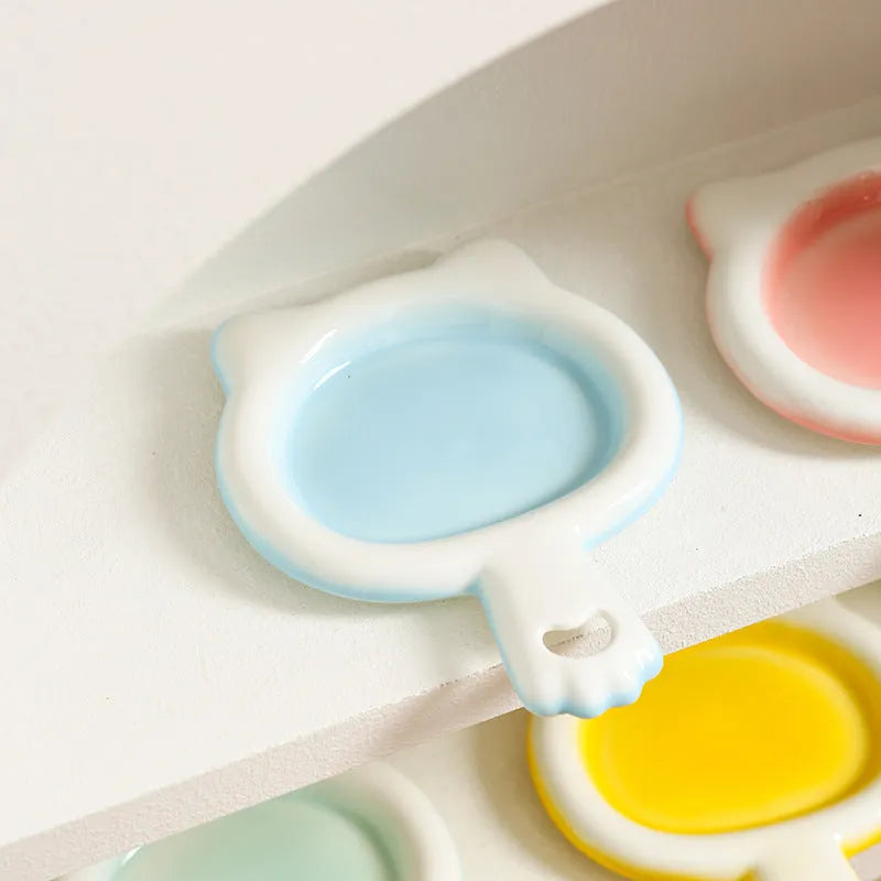Ceramic cat bowl and plate set in blue, green, pink, or yellow with non-slip bottom