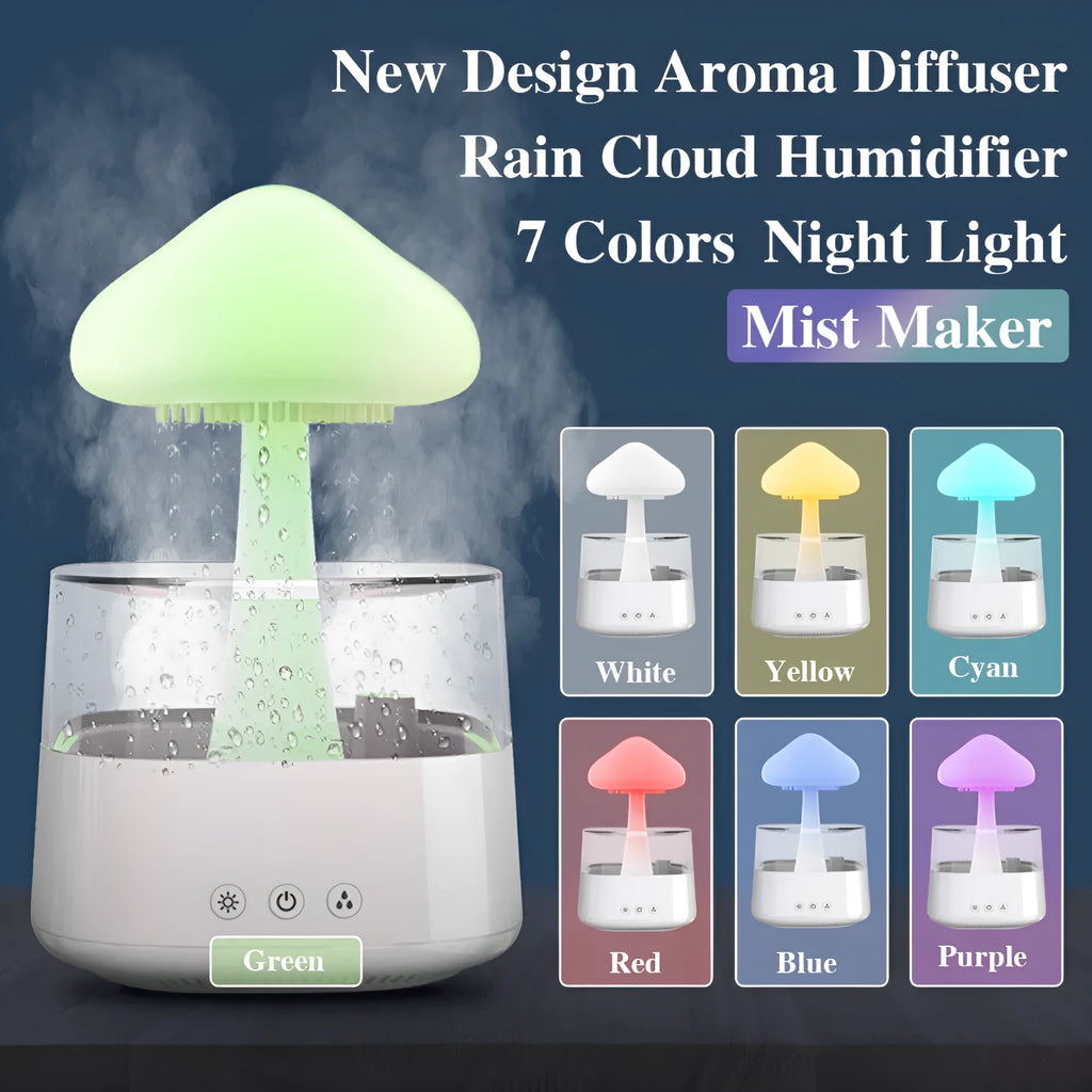 Desk humidifier with raining cloud night light effect and aromatherapy function in wood grain finish